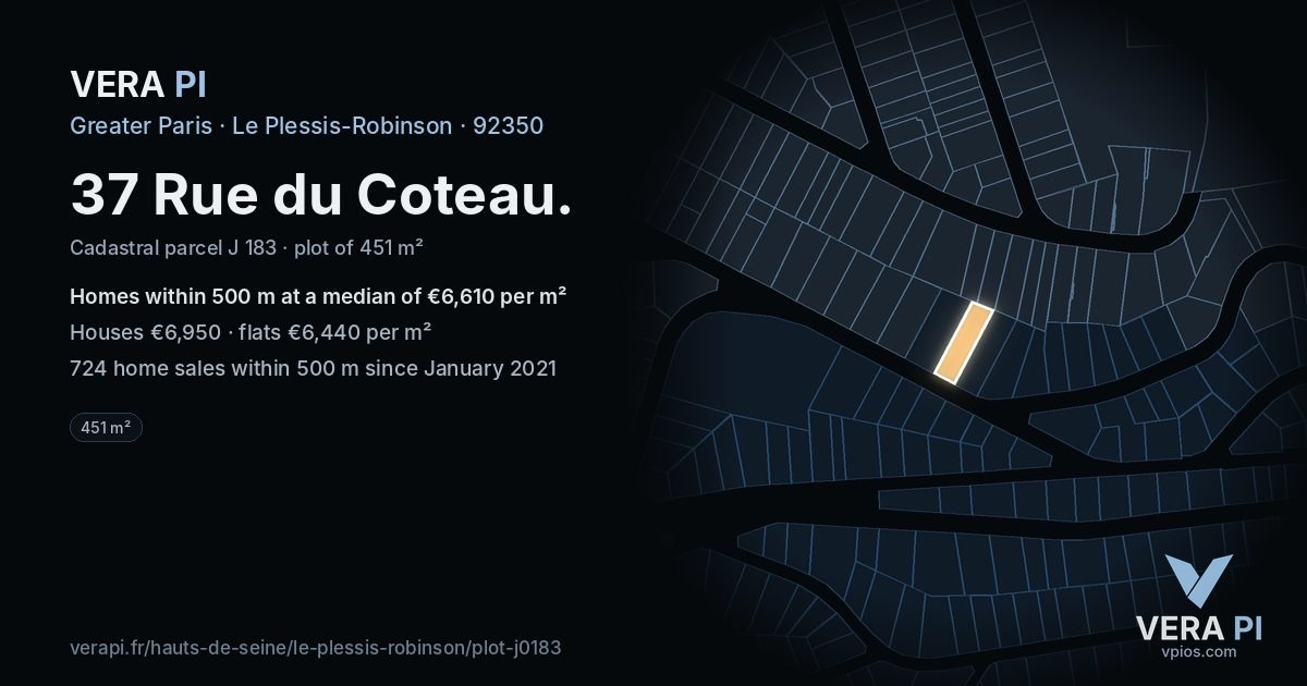 37 Rue du Coteau, Le Plessis-Robinson at night – the plot lit, the parcels around coloured by the prices near them