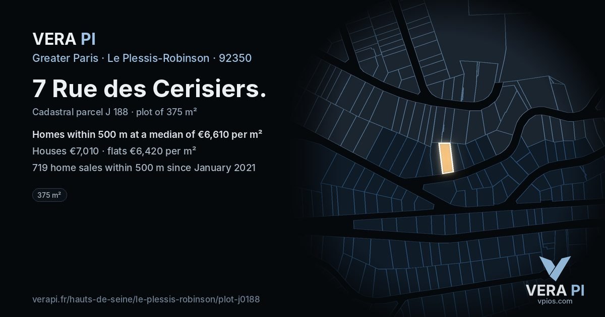 7 Rue des Cerisiers, Le Plessis-Robinson at night – the plot lit, the parcels around coloured by the prices near them