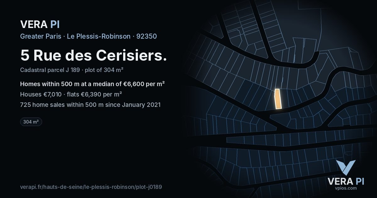5 Rue des Cerisiers, Le Plessis-Robinson at night – the plot lit, the parcels around coloured by the prices near them