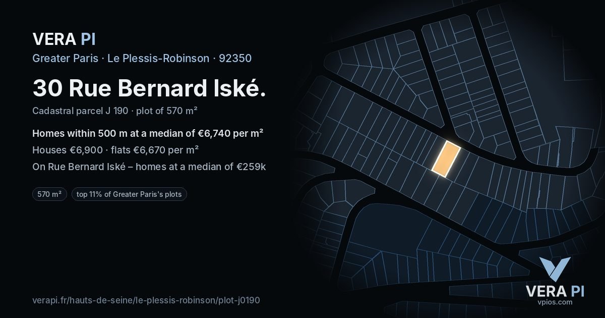 30 Rue Bernard Iské, Le Plessis-Robinson at night – the plot lit, the parcels around coloured by the prices near them