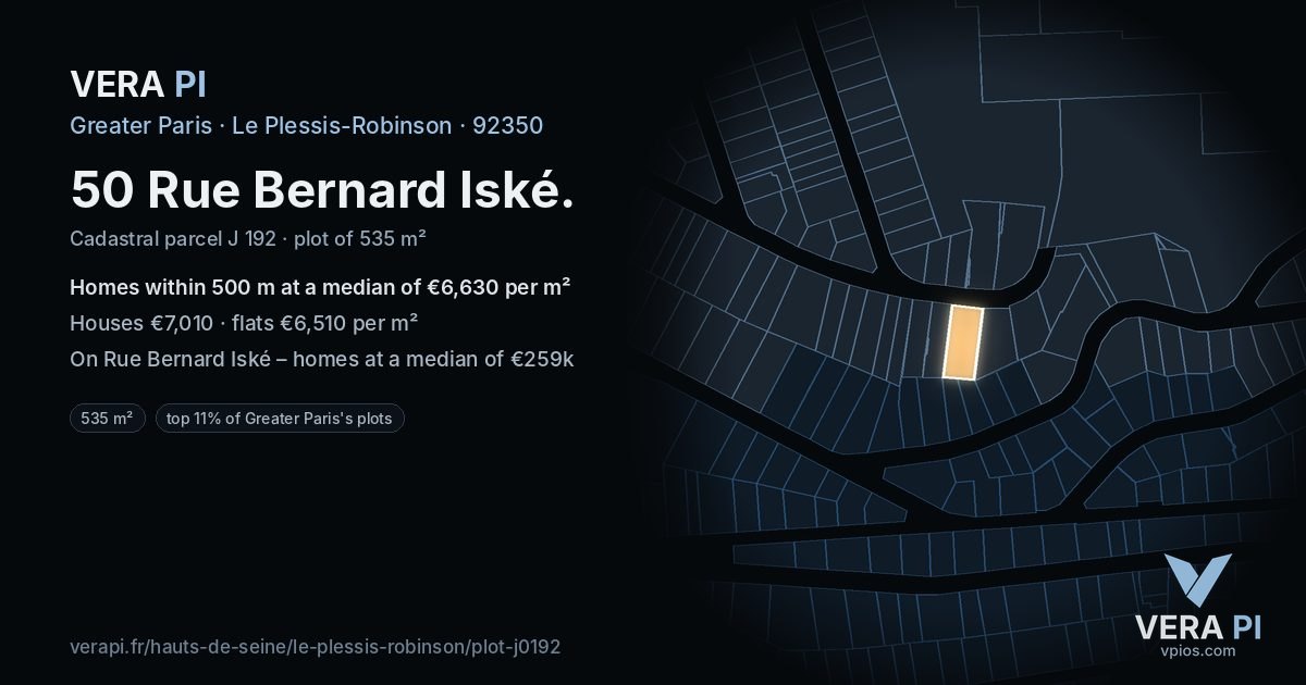 50 Rue Bernard Iské, Le Plessis-Robinson at night – the plot lit, the parcels around coloured by the prices near them