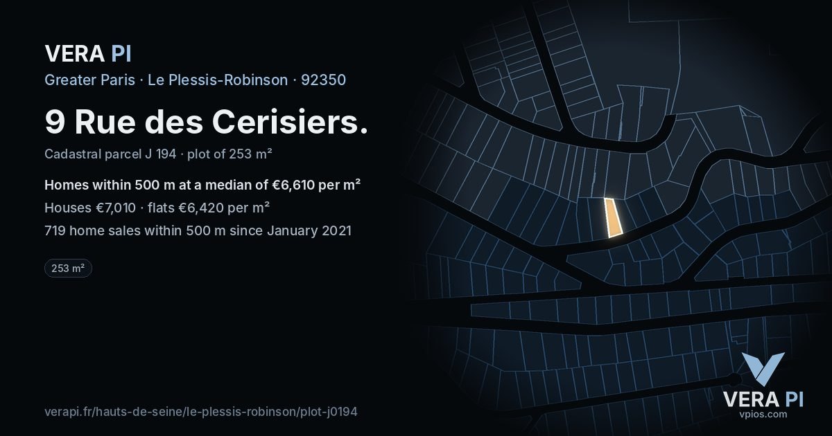 9 Rue des Cerisiers, Le Plessis-Robinson at night – the plot lit, the parcels around coloured by the prices near them