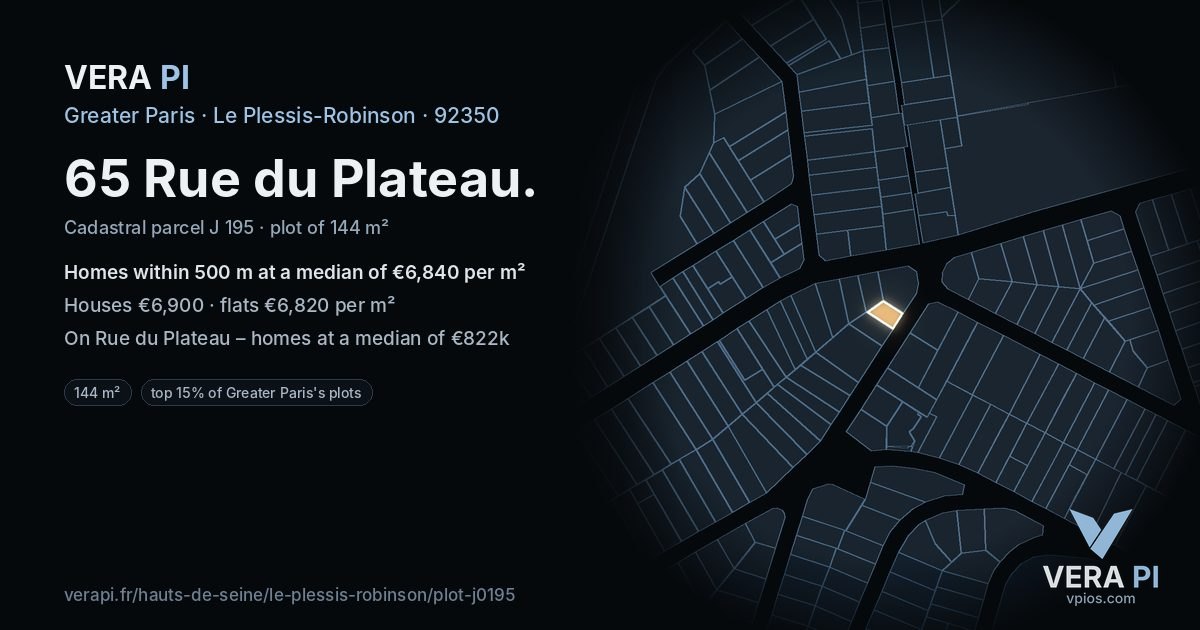 65 Rue du Plateau, Le Plessis-Robinson at night – the plot lit, the parcels around coloured by the prices near them
