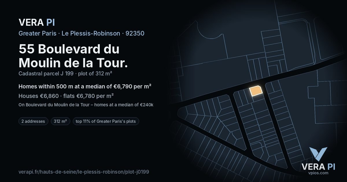 55 Boulevard du Moulin de la Tour, Le Plessis-Robinson at night – the plot lit, the parcels around coloured by the prices near them