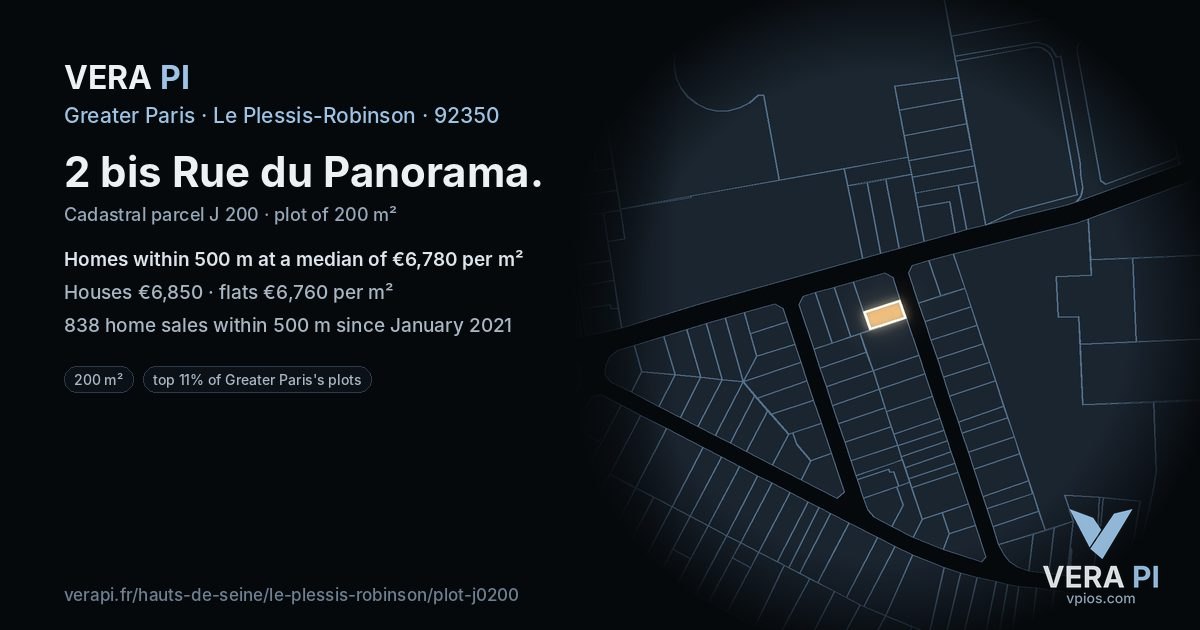 2 bis Rue du Panorama, Le Plessis-Robinson at night – the plot lit, the parcels around coloured by the prices near them