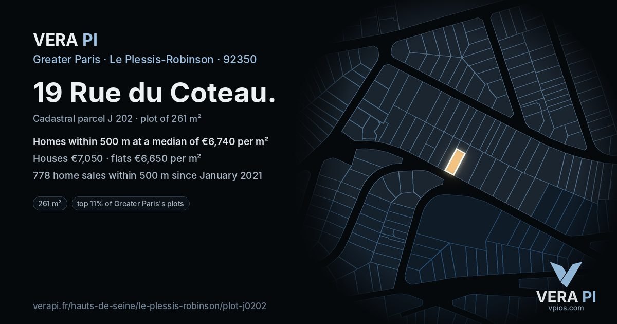 19 Rue du Coteau, Le Plessis-Robinson at night – the plot lit, the parcels around coloured by the prices near them