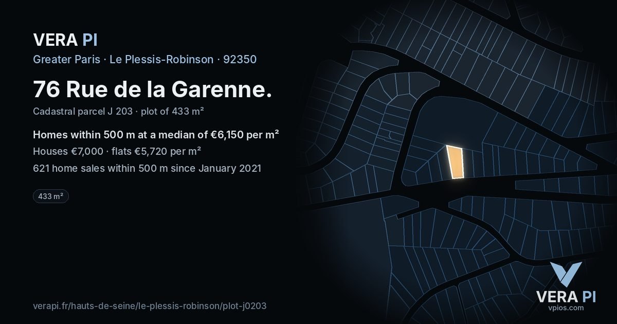 76 Rue de la Garenne, Le Plessis-Robinson at night – the plot lit, the parcels around coloured by the prices near them