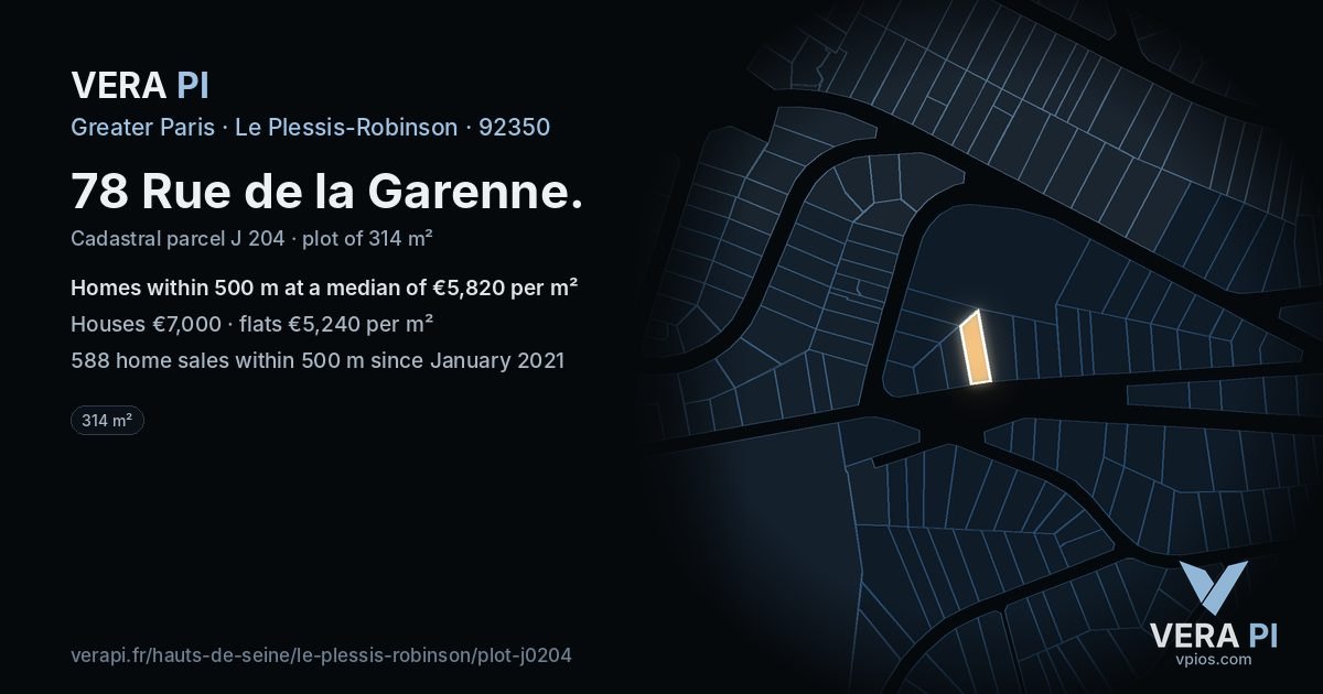 78 Rue de la Garenne, Le Plessis-Robinson at night – the plot lit, the parcels around coloured by the prices near them