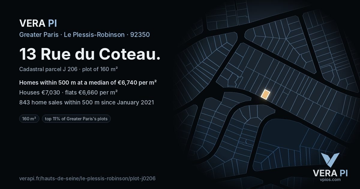 13 Rue du Coteau, Le Plessis-Robinson at night – the plot lit, the parcels around coloured by the prices near them