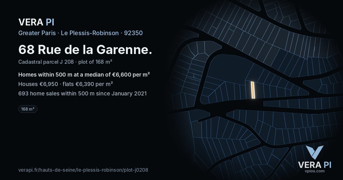 68 Rue de la Garenne, Le Plessis-Robinson at night – the plot lit, the parcels around coloured by the prices near them