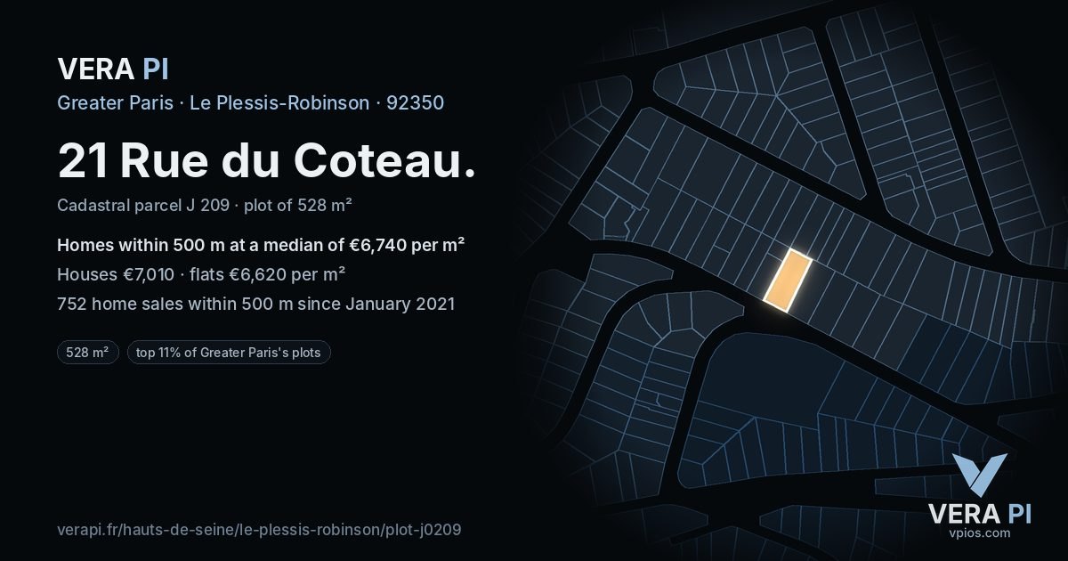 21 Rue du Coteau, Le Plessis-Robinson at night – the plot lit, the parcels around coloured by the prices near them