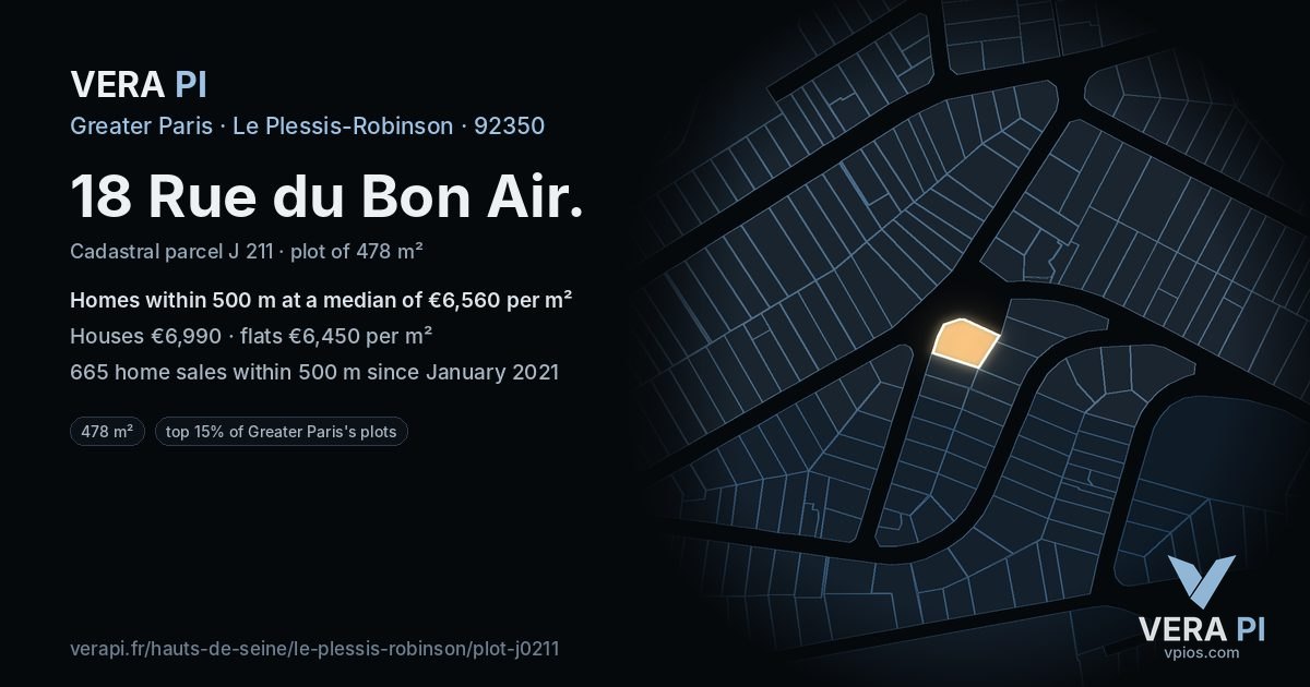 18 Rue du Bon Air, Le Plessis-Robinson at night – the plot lit, the parcels around coloured by the prices near them