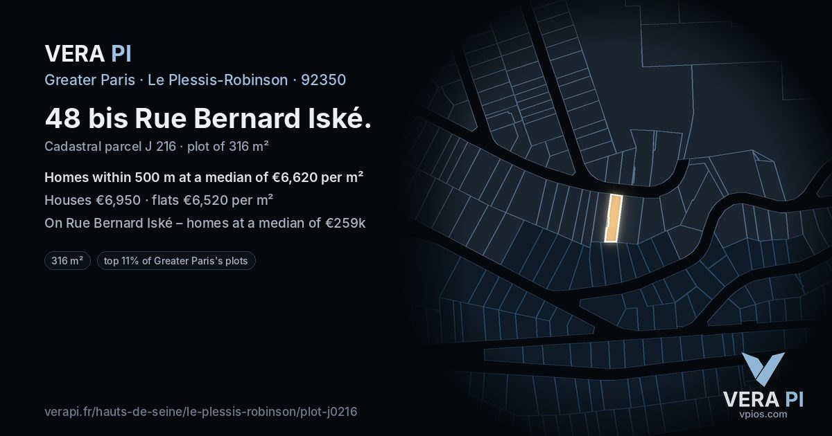 48 bis Rue Bernard Iské, Le Plessis-Robinson at night – the plot lit, the parcels around coloured by the prices near them