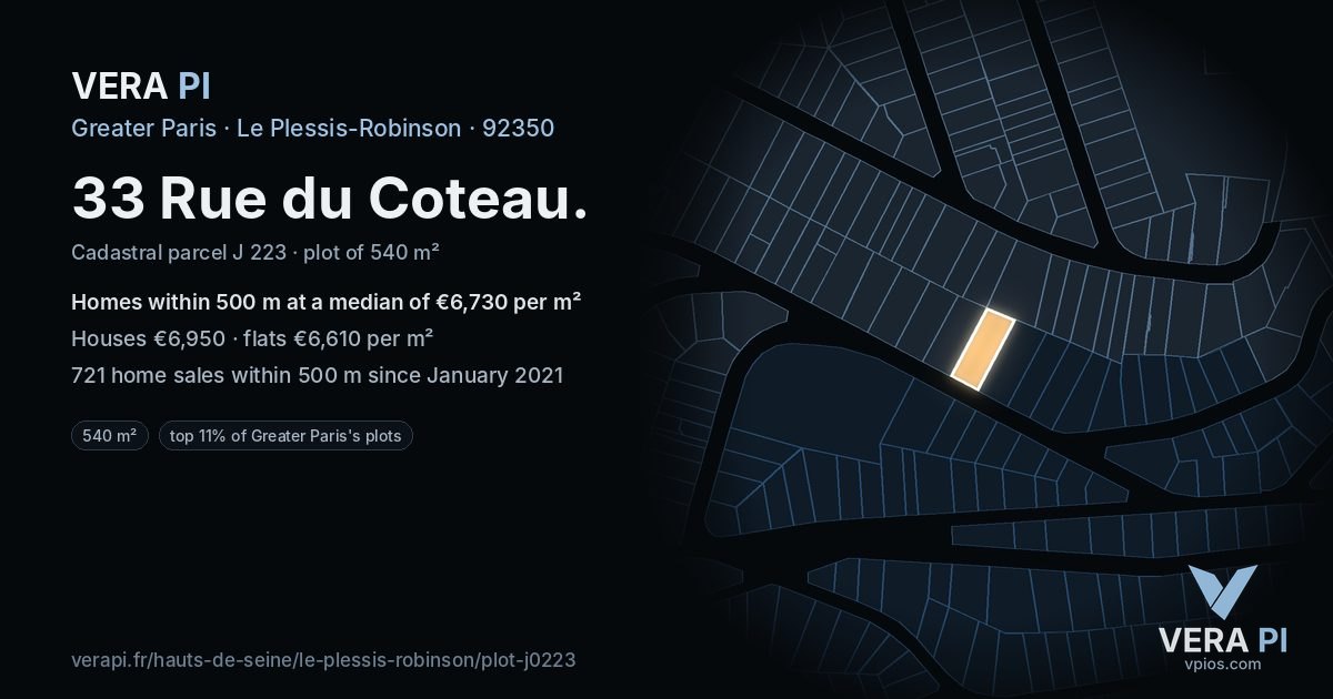 33 Rue du Coteau, Le Plessis-Robinson at night – the plot lit, the parcels around coloured by the prices near them