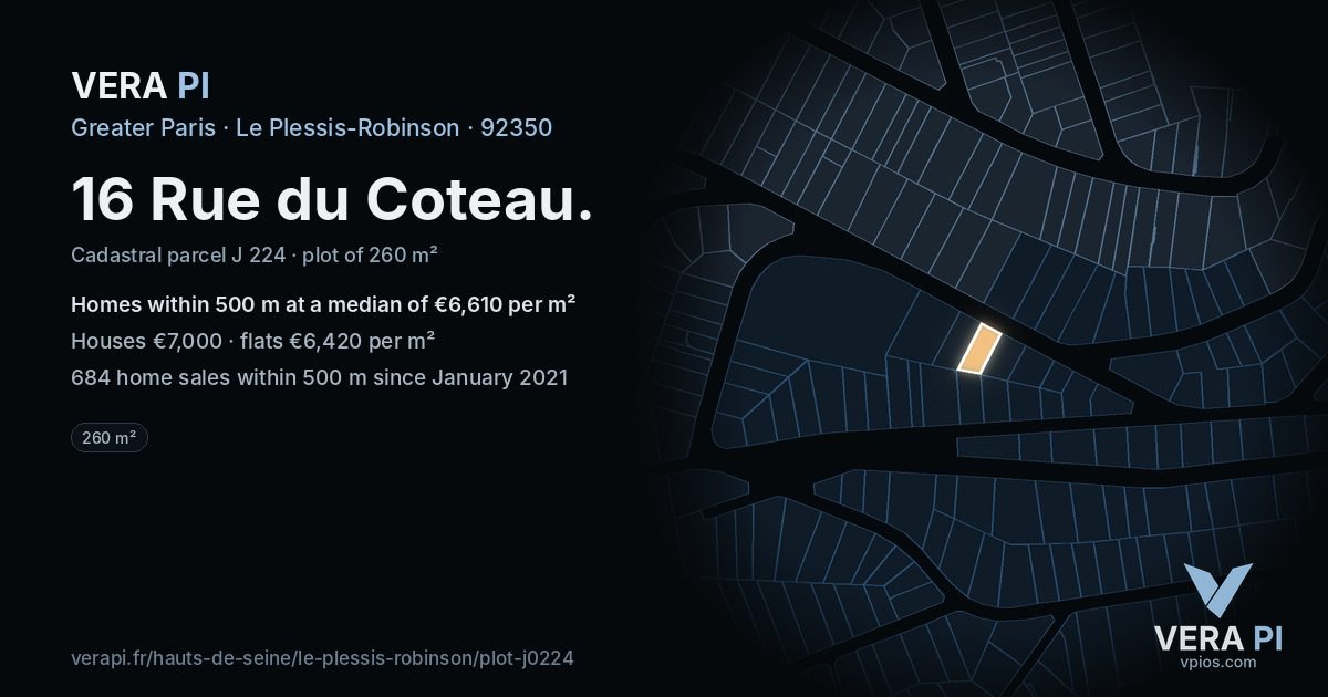 16 Rue du Coteau, Le Plessis-Robinson at night – the plot lit, the parcels around coloured by the prices near them