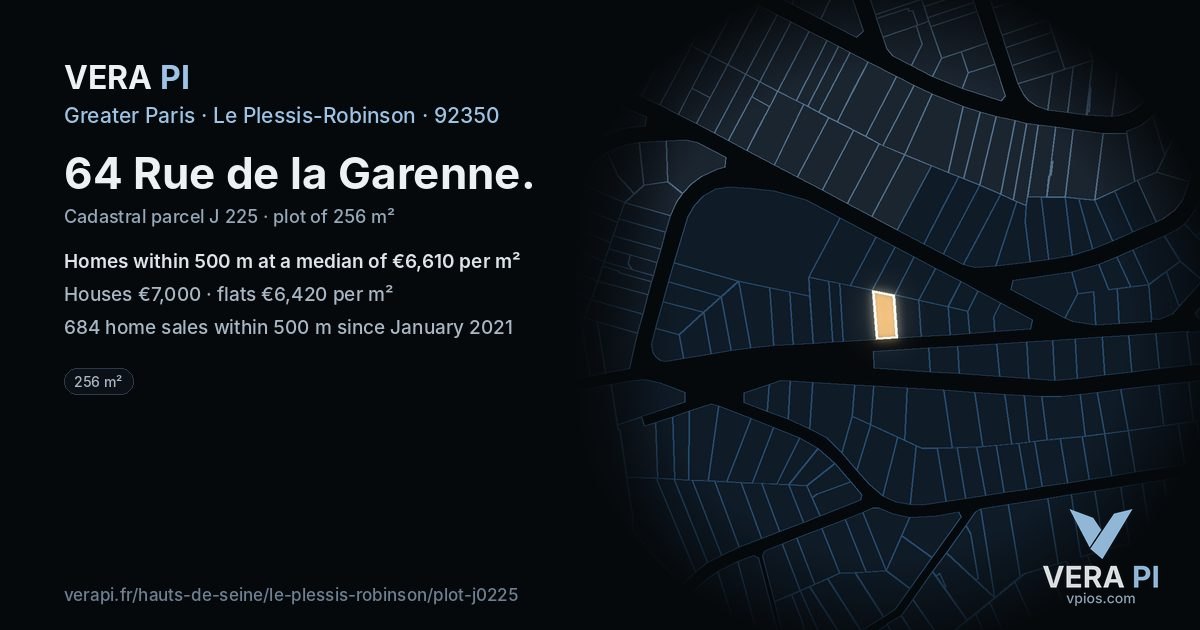 64 Rue de la Garenne, Le Plessis-Robinson at night – the plot lit, the parcels around coloured by the prices near them