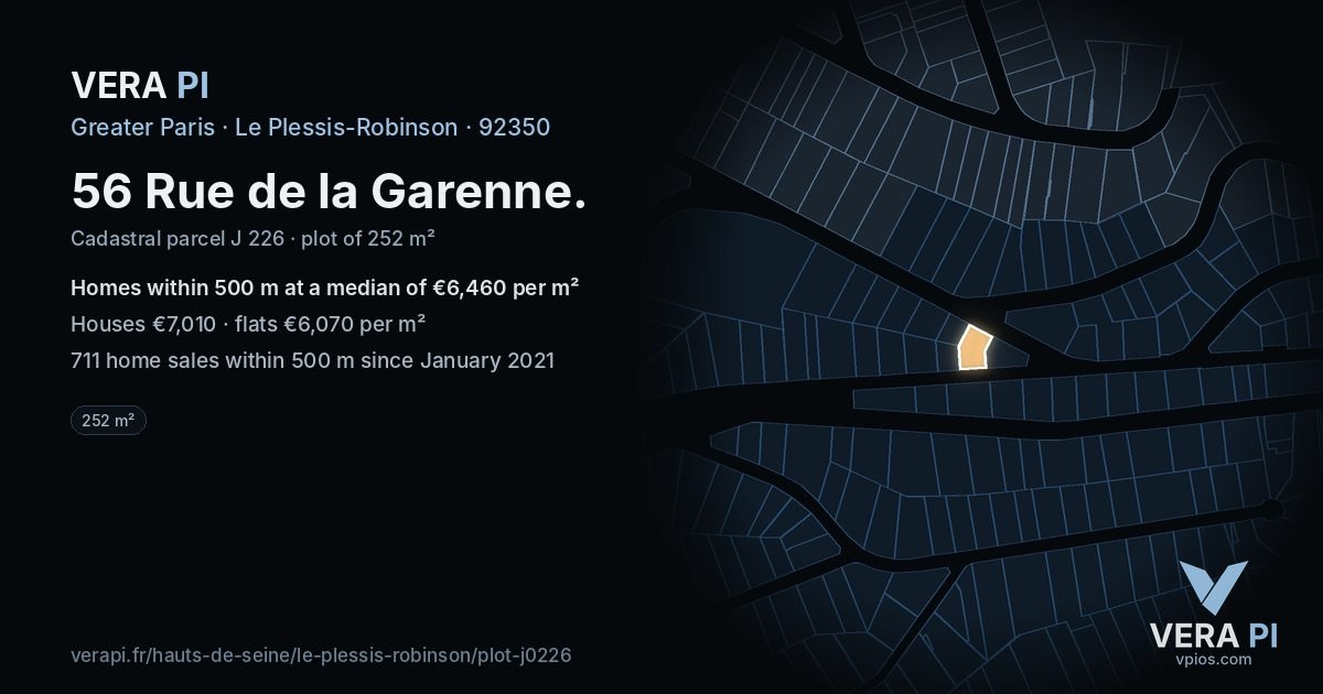 56 Rue de la Garenne, Le Plessis-Robinson at night – the plot lit, the parcels around coloured by the prices near them