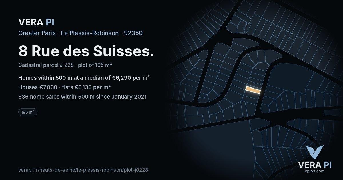 8 Rue des Suisses, Le Plessis-Robinson at night – the plot lit, the parcels around coloured by the prices near them
