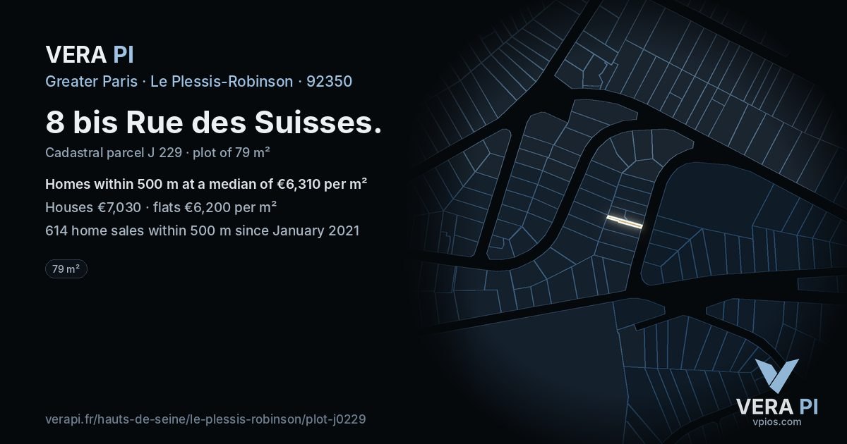 8 bis Rue des Suisses, Le Plessis-Robinson at night – the plot lit, the parcels around coloured by the prices near them