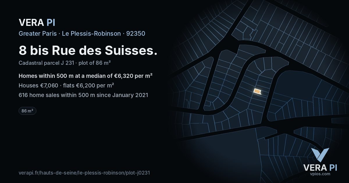 8 bis Rue des Suisses, Le Plessis-Robinson at night – the plot lit, the parcels around coloured by the prices near them