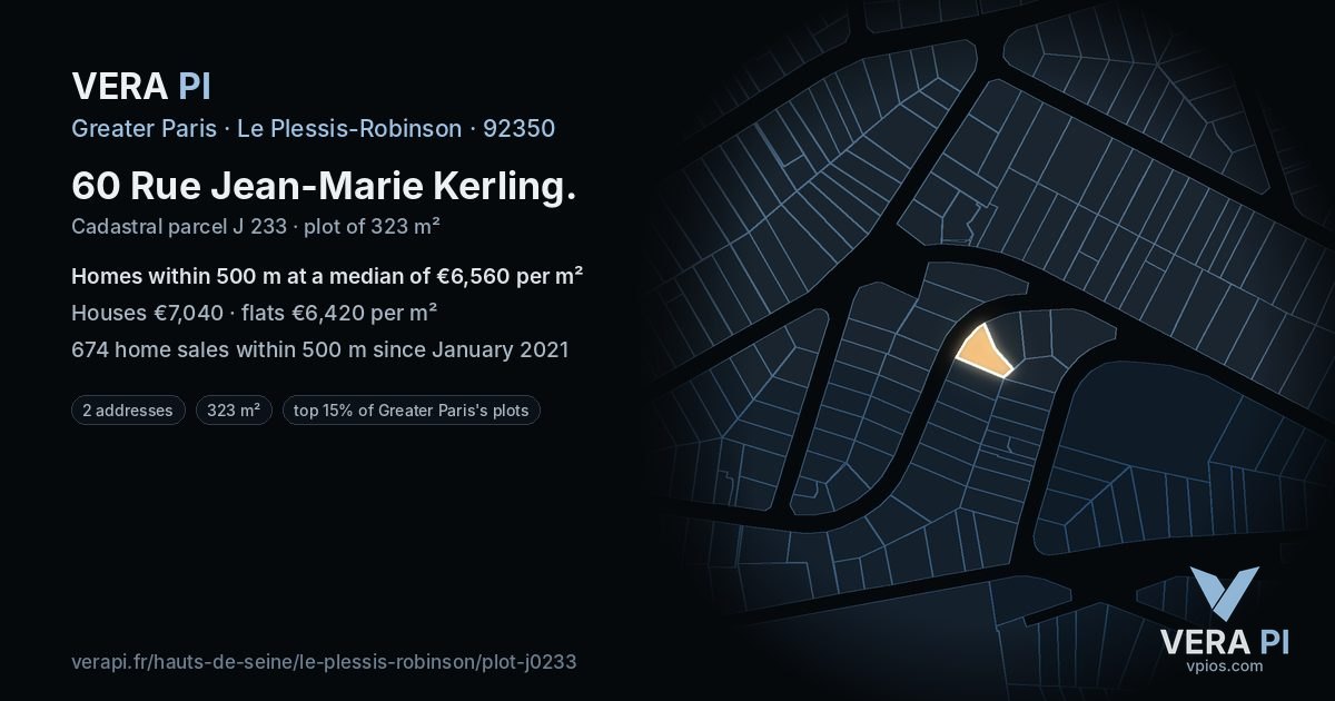 60 Rue Jean-Marie Kerling, Le Plessis-Robinson at night – the plot lit, the parcels around coloured by the prices near them