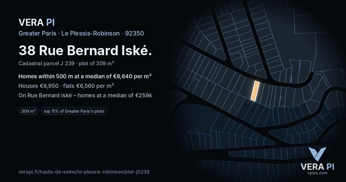38 Rue Bernard Iské, Le Plessis-Robinson at night – the plot lit, the parcels around coloured by the prices near them