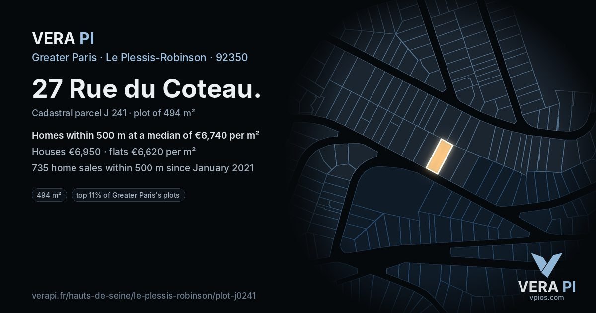 27 Rue du Coteau, Le Plessis-Robinson at night – the plot lit, the parcels around coloured by the prices near them