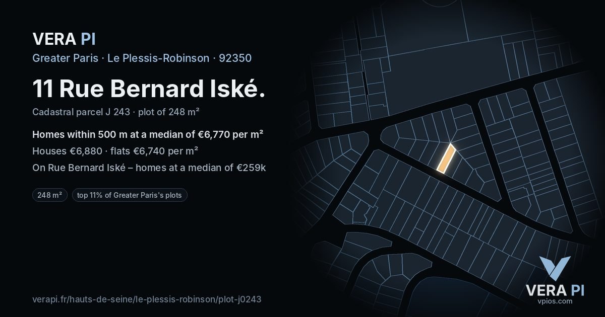 11 Rue Bernard Iské, Le Plessis-Robinson at night – the plot lit, the parcels around coloured by the prices near them