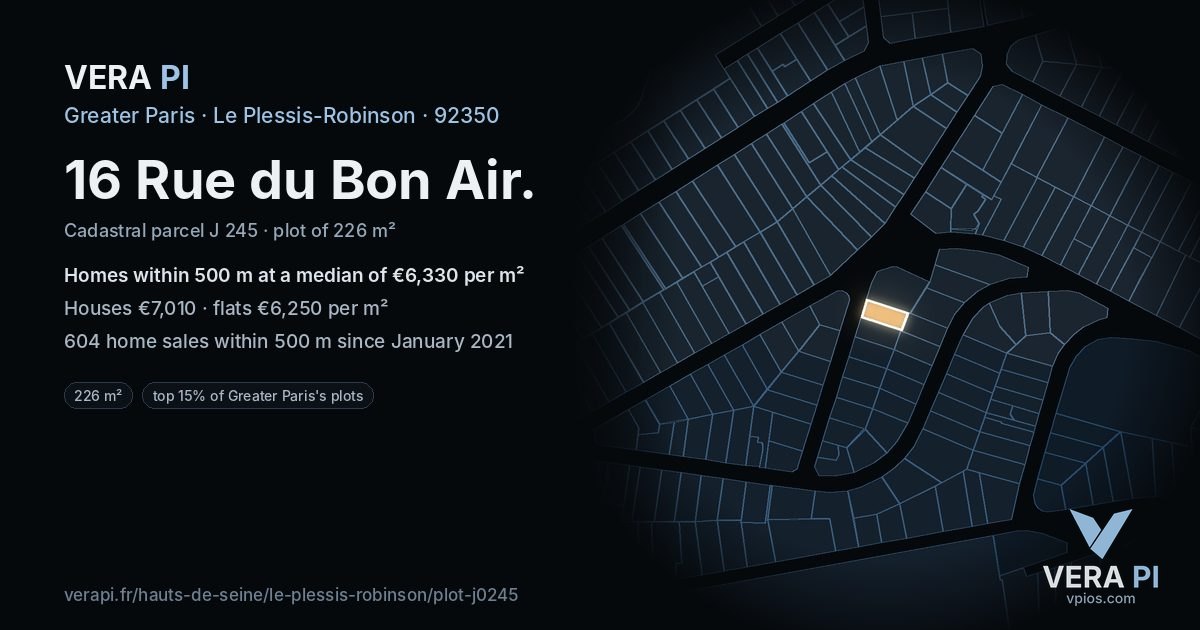 16 Rue du Bon Air, Le Plessis-Robinson at night – the plot lit, the parcels around coloured by the prices near them