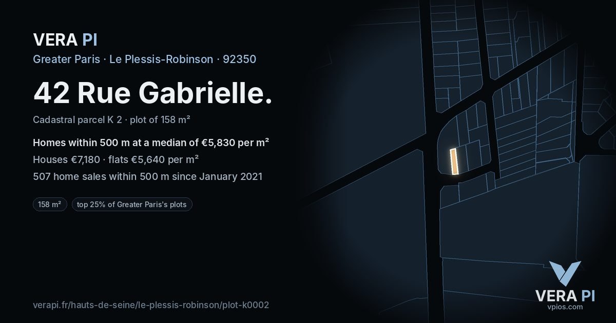 42 Rue Gabrielle, Le Plessis-Robinson at night – the plot lit, the parcels around coloured by the prices near them