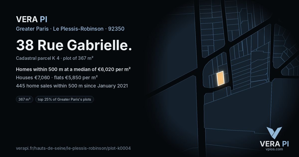 38 Rue Gabrielle, Le Plessis-Robinson at night – the plot lit, the parcels around coloured by the prices near them