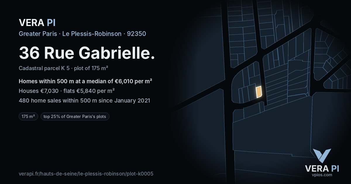 36 Rue Gabrielle, Le Plessis-Robinson at night – the plot lit, the parcels around coloured by the prices near them