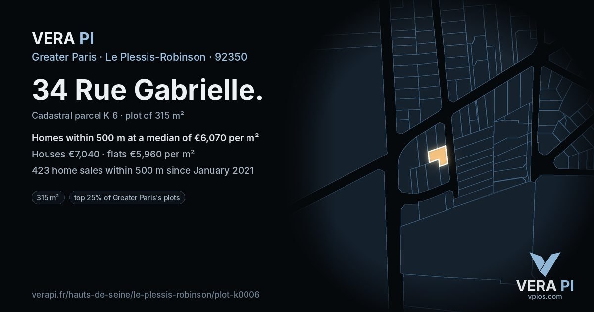 34 Rue Gabrielle, Le Plessis-Robinson at night – the plot lit, the parcels around coloured by the prices near them