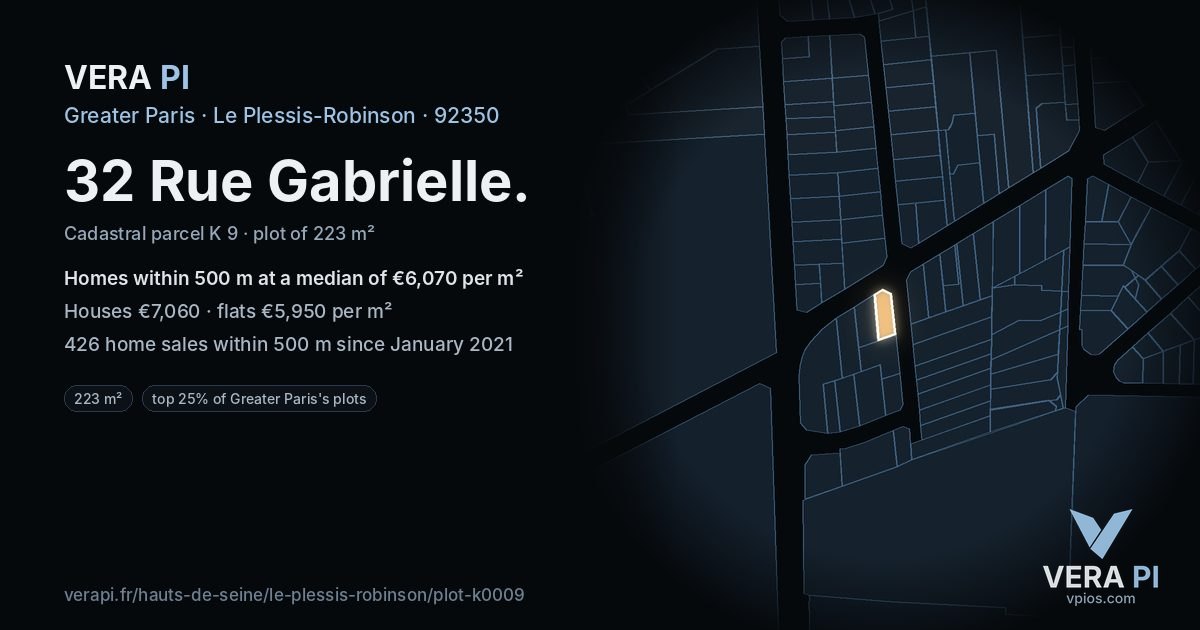 32 Rue Gabrielle, Le Plessis-Robinson at night – the plot lit, the parcels around coloured by the prices near them