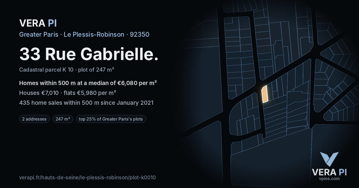 33 Rue Gabrielle, Le Plessis-Robinson at night – the plot lit, the parcels around coloured by the prices near them