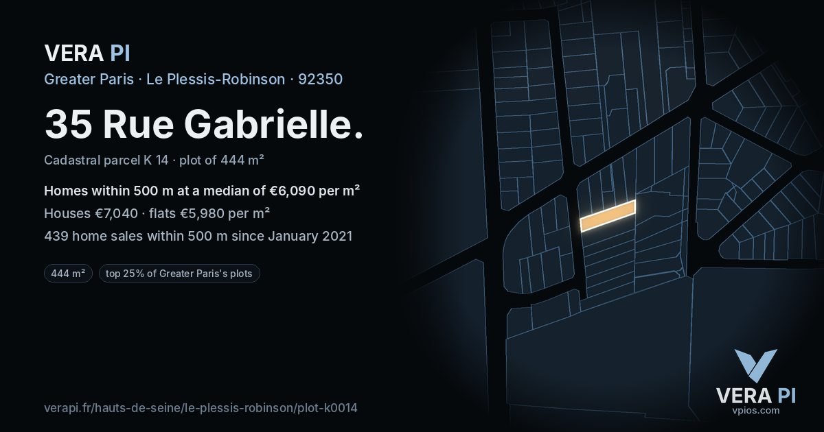 35 Rue Gabrielle, Le Plessis-Robinson at night – the plot lit, the parcels around coloured by the prices near them