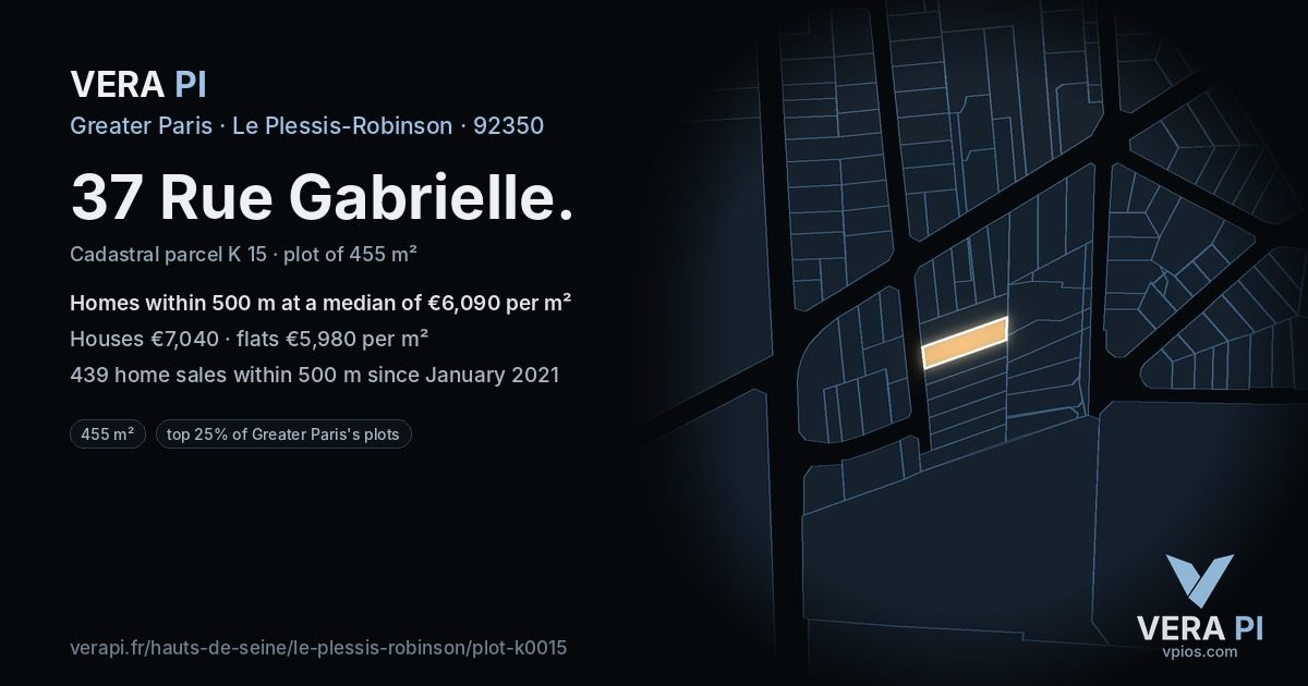 37 Rue Gabrielle, Le Plessis-Robinson at night – the plot lit, the parcels around coloured by the prices near them