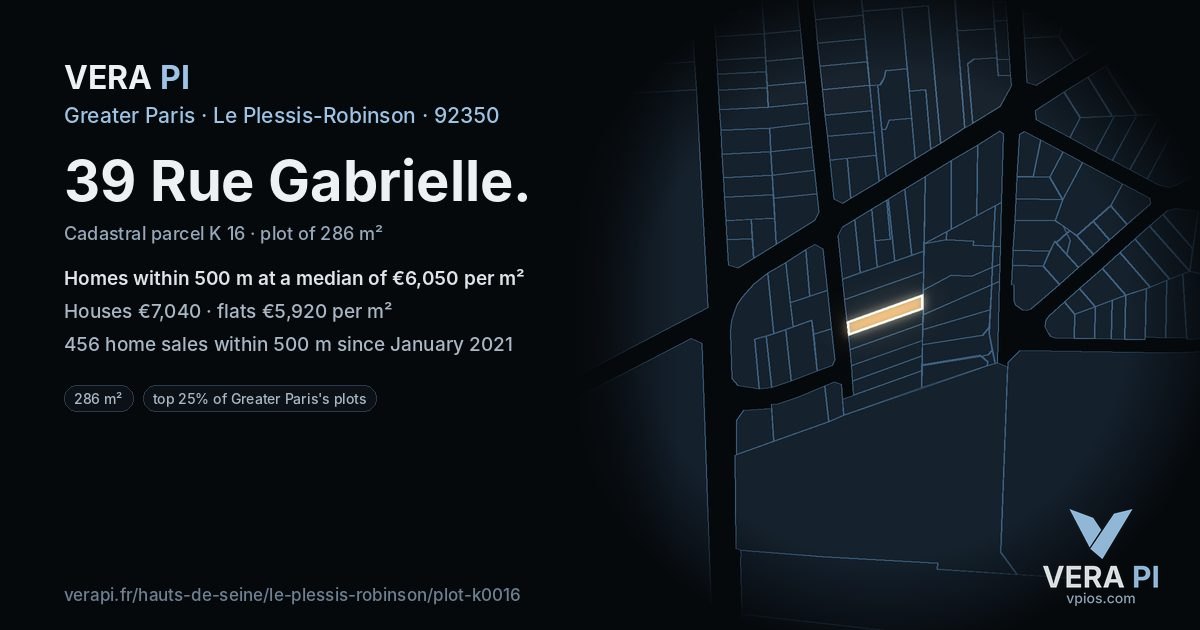 39 Rue Gabrielle, Le Plessis-Robinson at night – the plot lit, the parcels around coloured by the prices near them