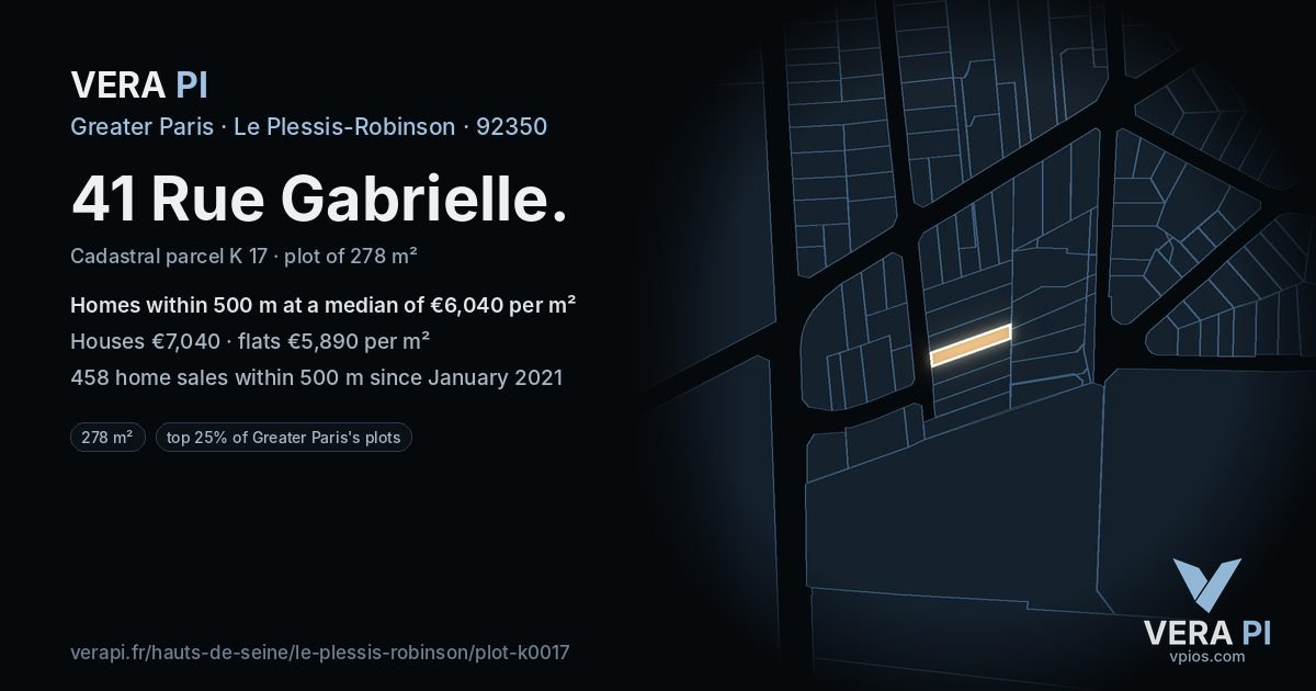 41 Rue Gabrielle, Le Plessis-Robinson at night – the plot lit, the parcels around coloured by the prices near them