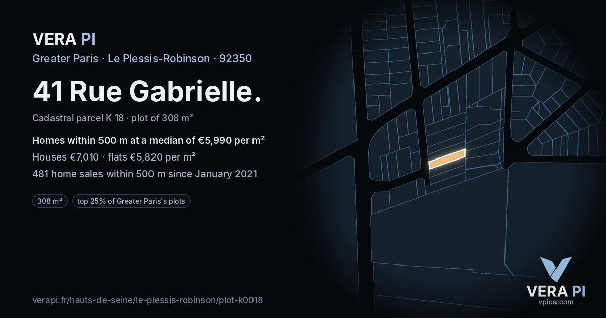 41 Rue Gabrielle, Le Plessis-Robinson at night – the plot lit, the parcels around coloured by the prices near them