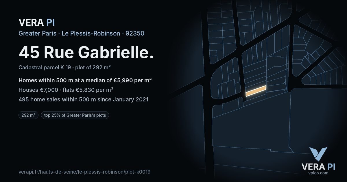 45 Rue Gabrielle, Le Plessis-Robinson at night – the plot lit, the parcels around coloured by the prices near them