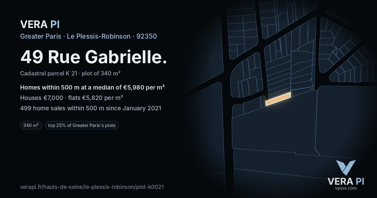49 Rue Gabrielle, Le Plessis-Robinson at night – the plot lit, the parcels around coloured by the prices near them