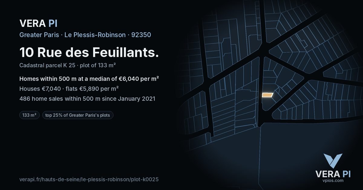 10 Rue des Feuillants, Le Plessis-Robinson at night – the plot lit, the parcels around coloured by the prices near them