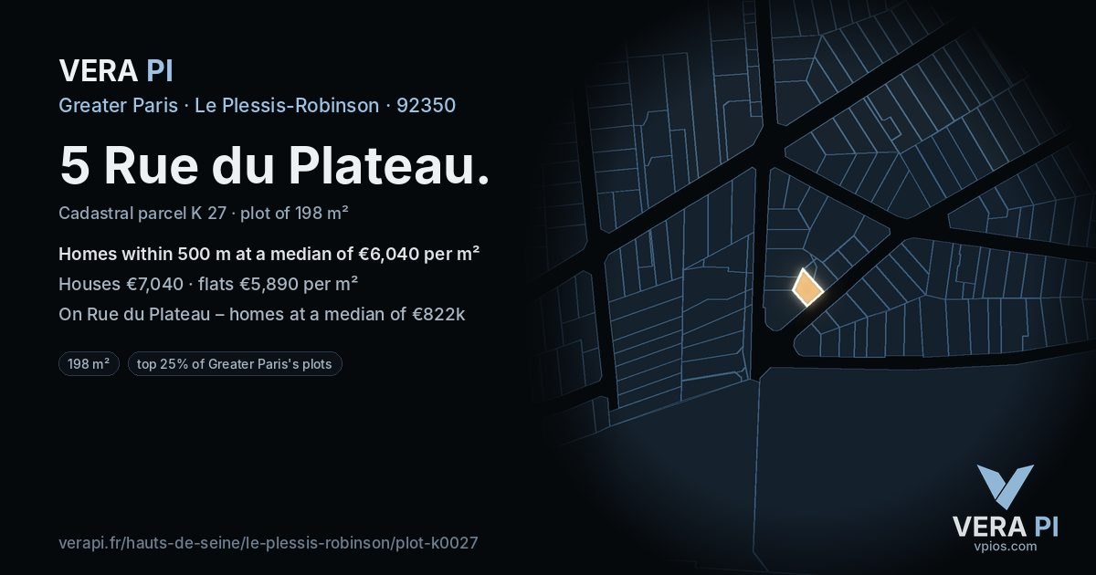 5 Rue du Plateau, Le Plessis-Robinson at night – the plot lit, the parcels around coloured by the prices near them