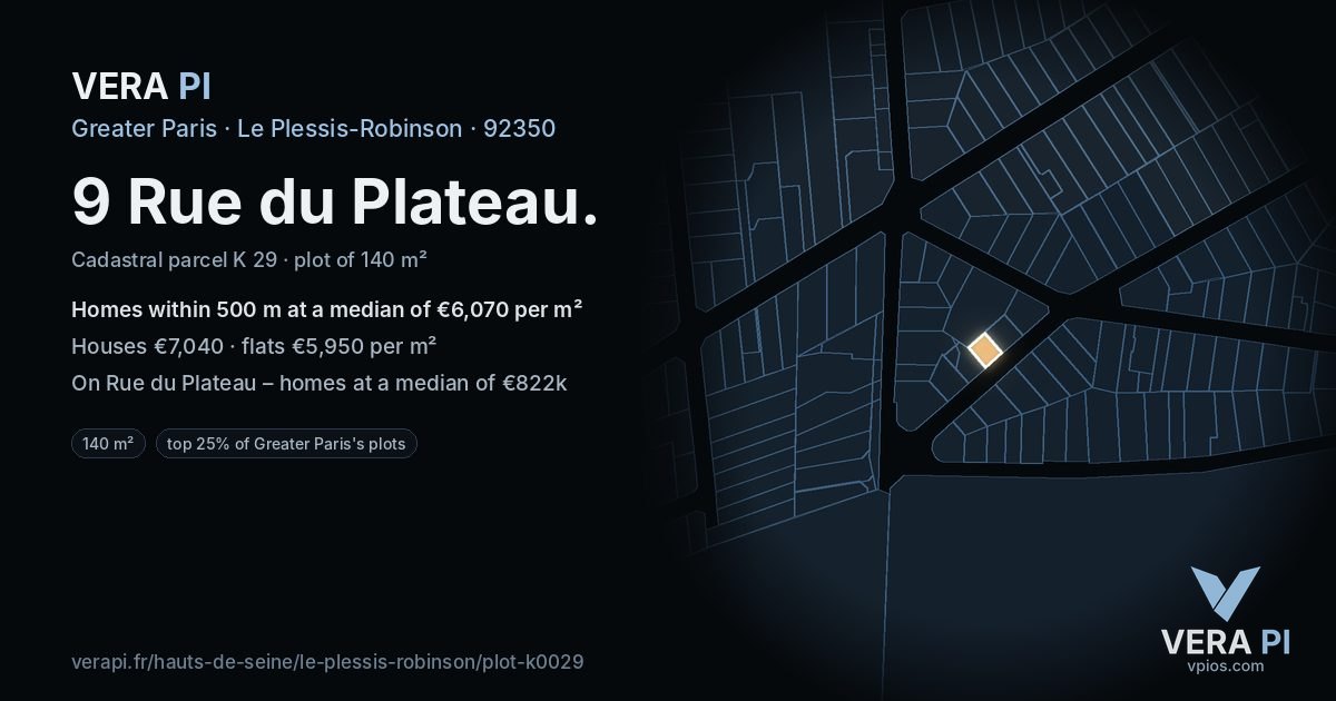 9 Rue du Plateau, Le Plessis-Robinson at night – the plot lit, the parcels around coloured by the prices near them