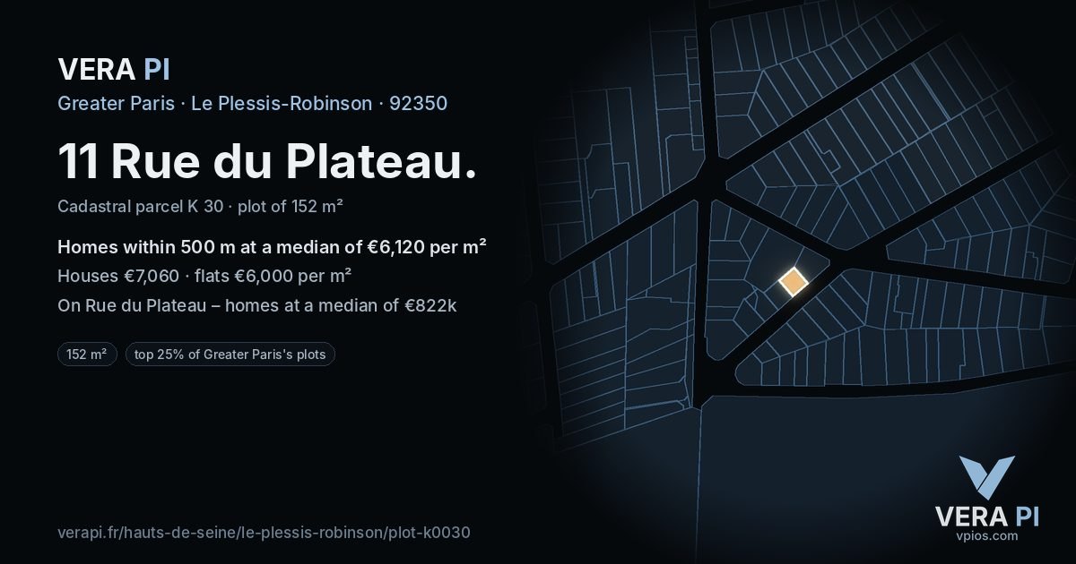 11 Rue du Plateau, Le Plessis-Robinson at night – the plot lit, the parcels around coloured by the prices near them