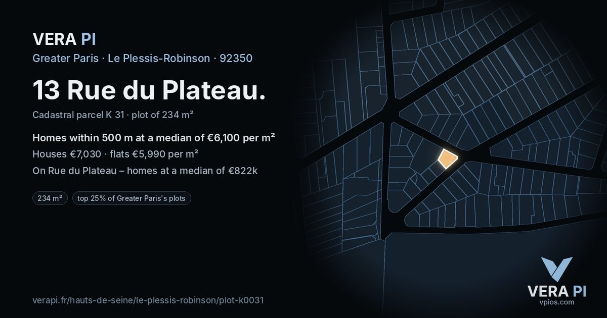 13 Rue du Plateau, Le Plessis-Robinson at night – the plot lit, the parcels around coloured by the prices near them