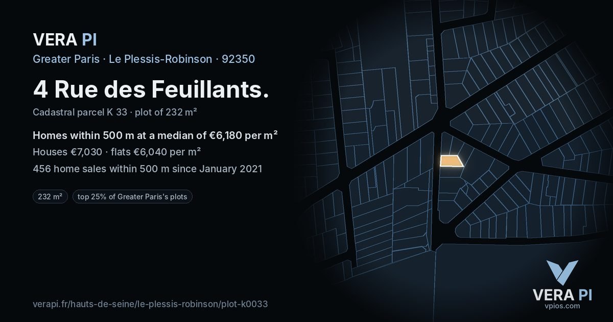 4 Rue des Feuillants, Le Plessis-Robinson at night – the plot lit, the parcels around coloured by the prices near them