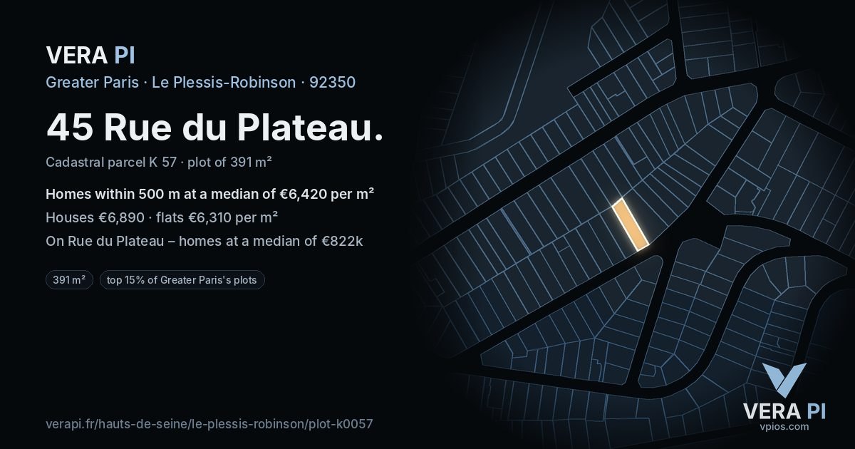 45 Rue du Plateau, Le Plessis-Robinson at night – the plot lit, the parcels around coloured by the prices near them