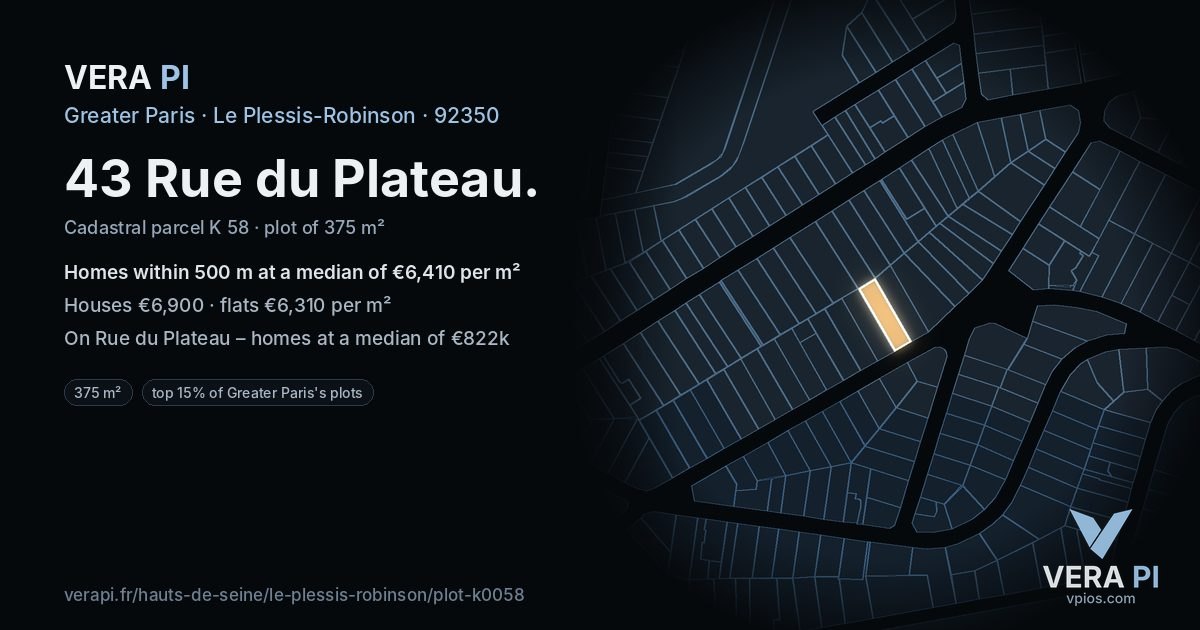 43 Rue du Plateau, Le Plessis-Robinson at night – the plot lit, the parcels around coloured by the prices near them